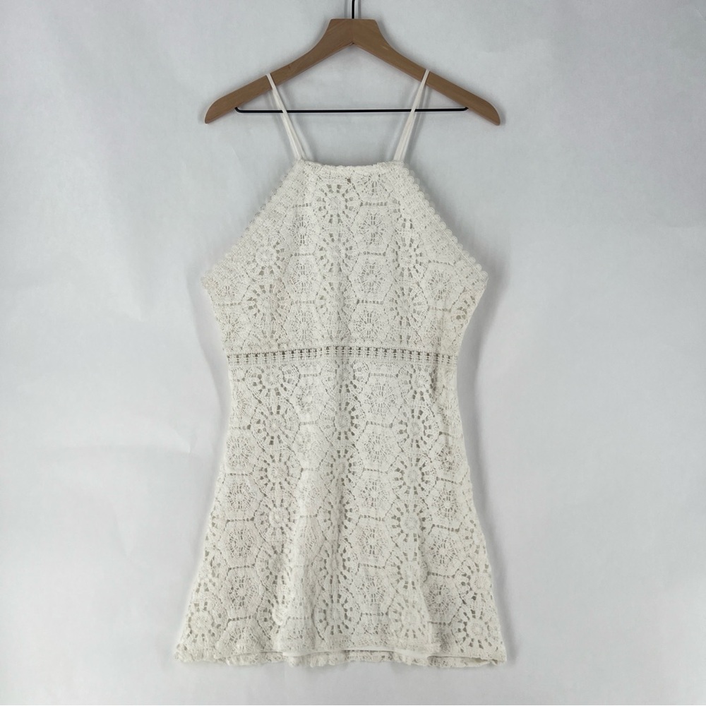Open Edit White Lace Crochet High Neck Halter A-Line Mini Cocktail Dress Size L - Picture 2 of 14